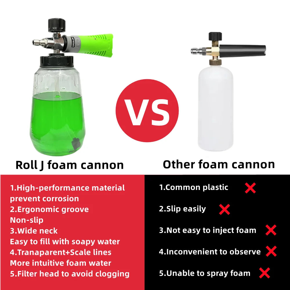 1Pc Green Foam Cannon / 1000Ml Transparent Bottle - Snow Foam Lance Kit, High Pressure Car Washer Accessory 1/4 Quick Connect &