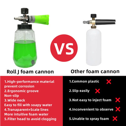 1Pc Green Foam Cannon / 1000Ml Transparent Bottle - Snow Foam Lance Kit, High Pressure Car Washer Accessory 1/4 Quick Connect &