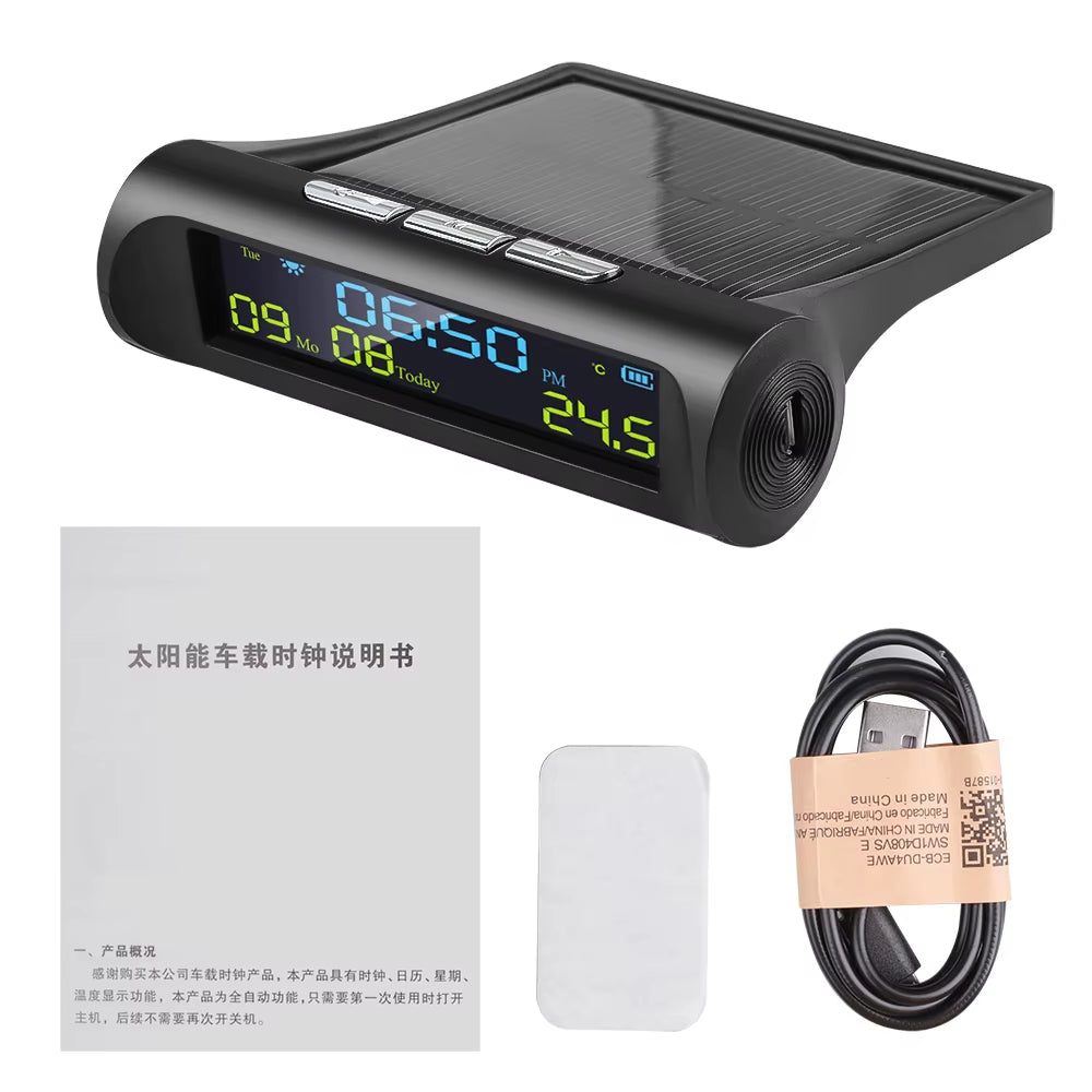 Solar Car Digital Clock with LCD Time Date In-Car Temperature Display for Outdoor Personal Car Part Decoration Car Accessories