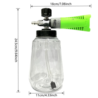 1Pc Green Foam Cannon / 1000Ml Transparent Bottle - Snow Foam Lance Kit, High Pressure Car Washer Accessory 1/4 Quick Connect &