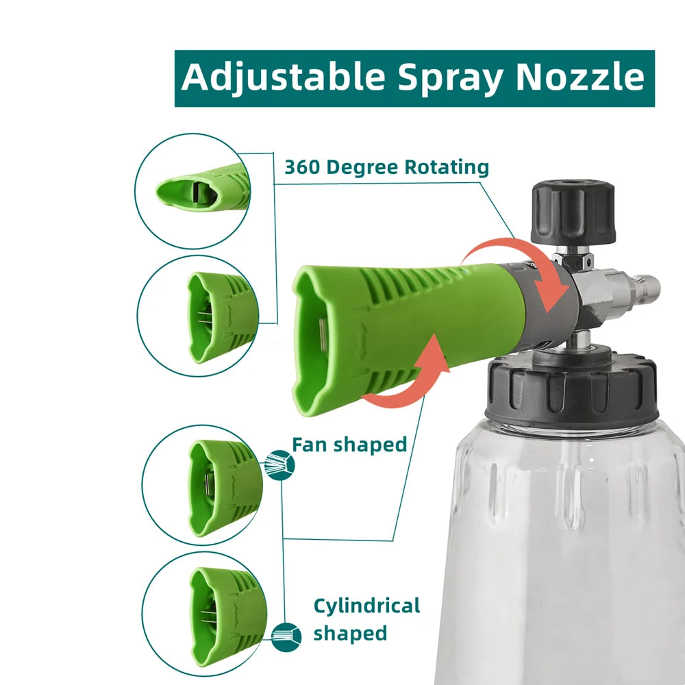 1Pc Green Foam Cannon / 1000Ml Transparent Bottle - Snow Foam Lance Kit, High Pressure Car Washer Accessory 1/4 Quick Connect &
