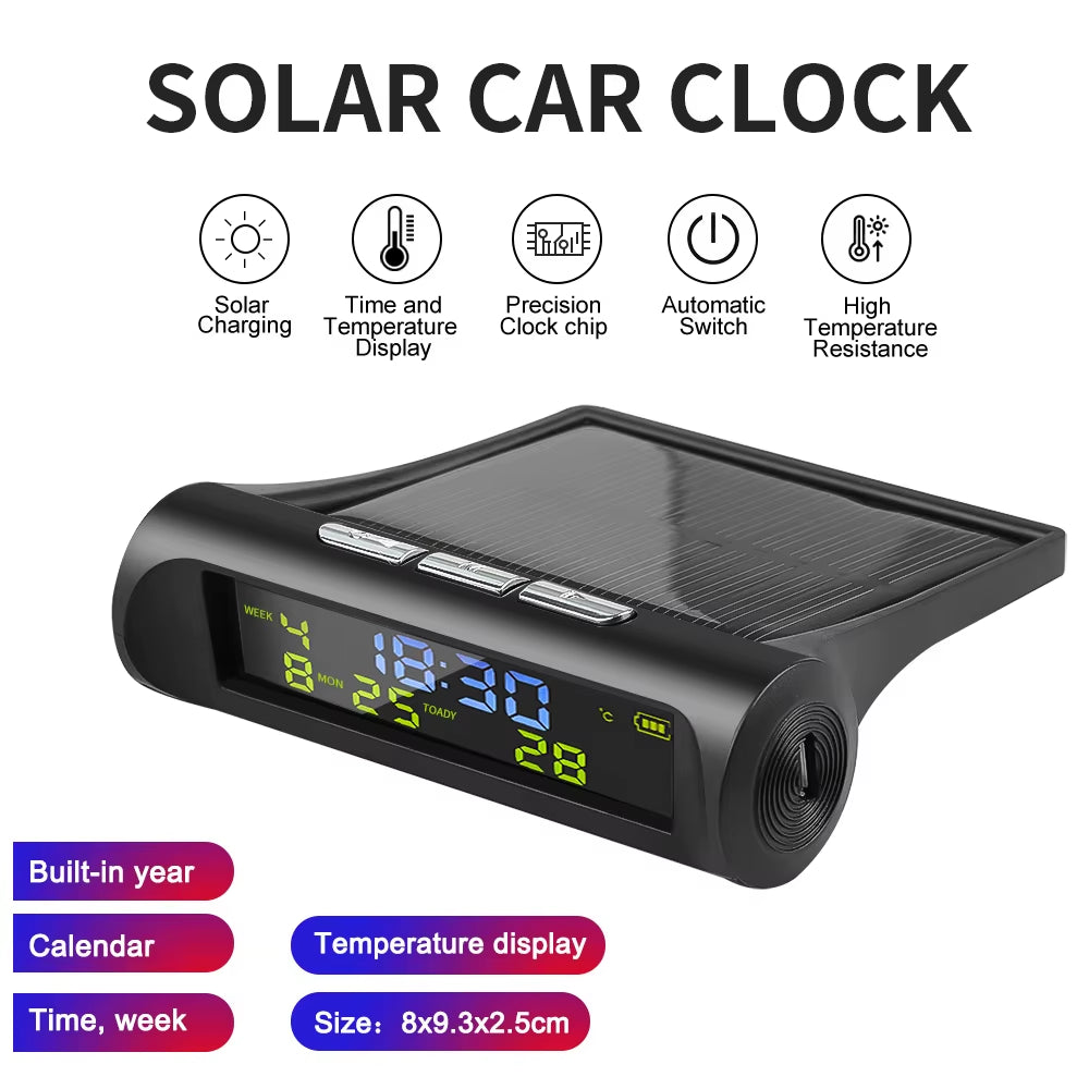 Solar Car Digital Clock with LCD Time Date In-Car Temperature Display for Outdoor Personal Car Part Decoration Car Accessories